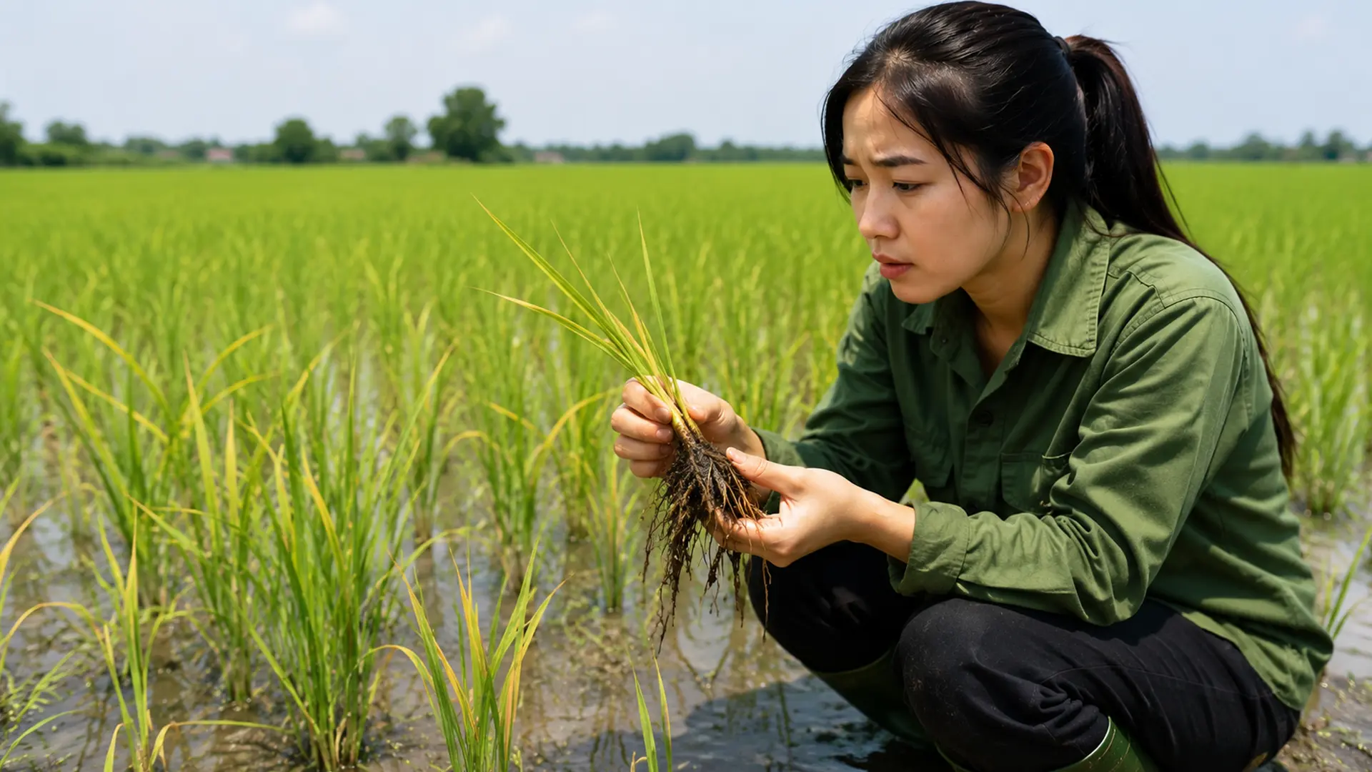 Lúa Hè Thu vàng lá, teo rễ, chậm phát triển.